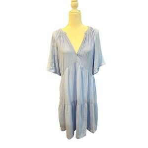 Blue Gauze Midi Dress V Neck Tiered Short Sleeve Casual Summer M